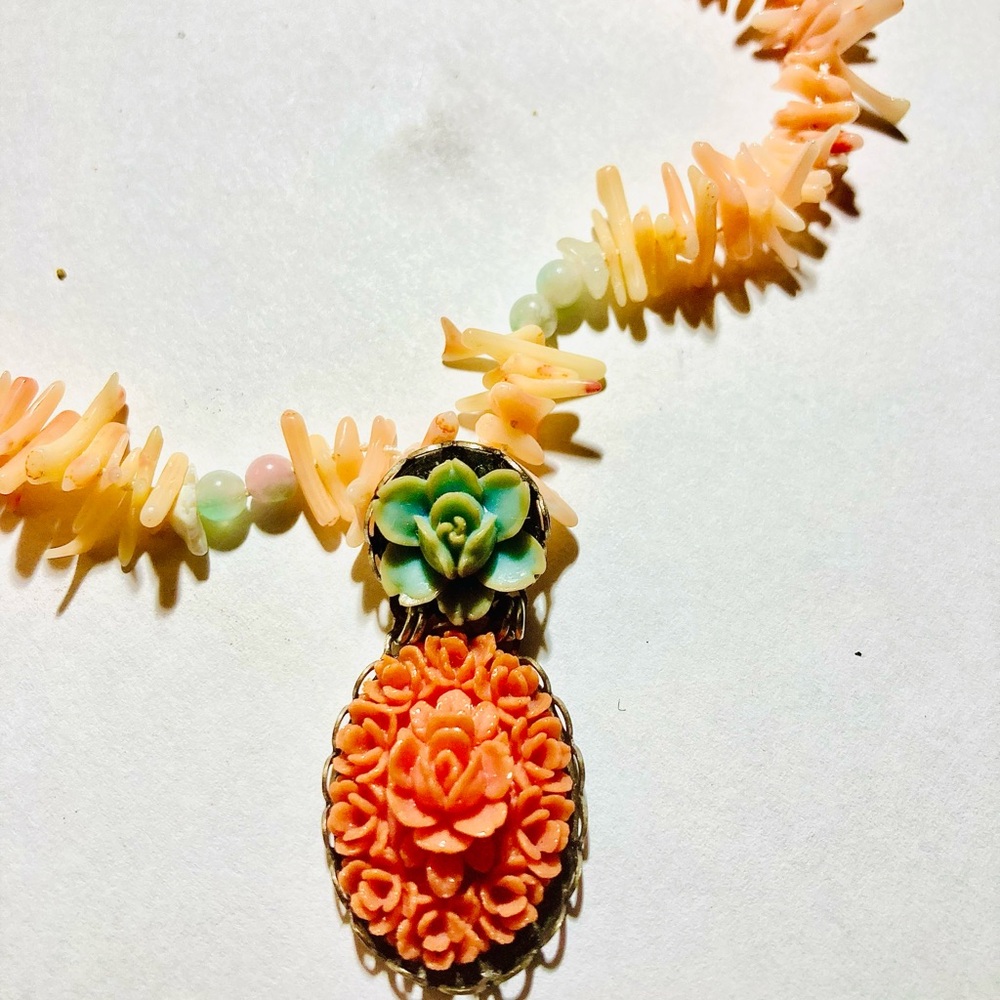 Coral Chip Necklace and Pendant in Coral and Mint Green - Handmade